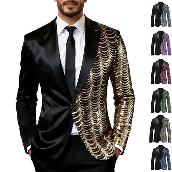 Zynoxe Blazer for Men Classic Turndown Collar Single Button Suit Jacket Lightweight Long Sleeve Mens Blazer Jacket Unique Patchwork Coat Stylish Wave Glitter Shiny Banquet Party Jacket 2XL