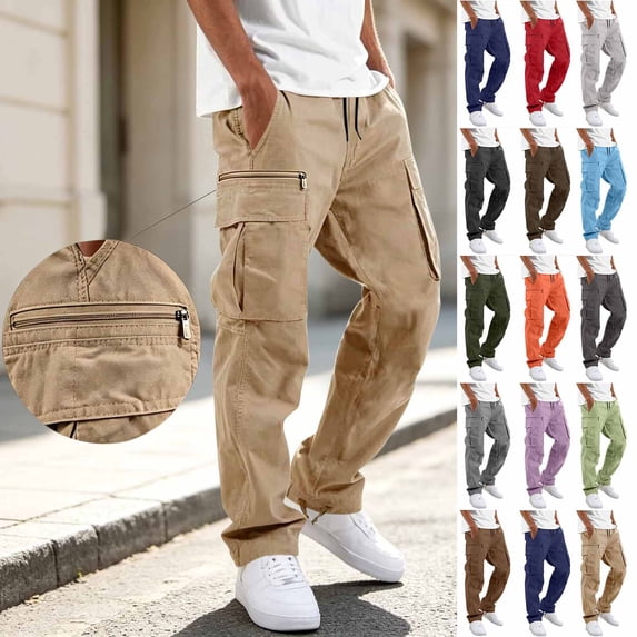 Zynoxe Cargo Pants for Men with Multi Pocket Comfy Elastic Waist Drawstring Trousers Fashionable Solid Color Hiking Pants Versatile Outdoor Tapered Jogger Pants