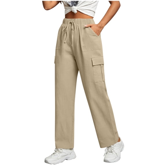 Zynoxe Cargo Pants for Women with Pockets Drawstring Elastic Waist Womens Sweatpants Comfortable Casual Solid Color Linen Lounge Pants Breathable Loose Fit Ankle Length Summer Utility Trousers S