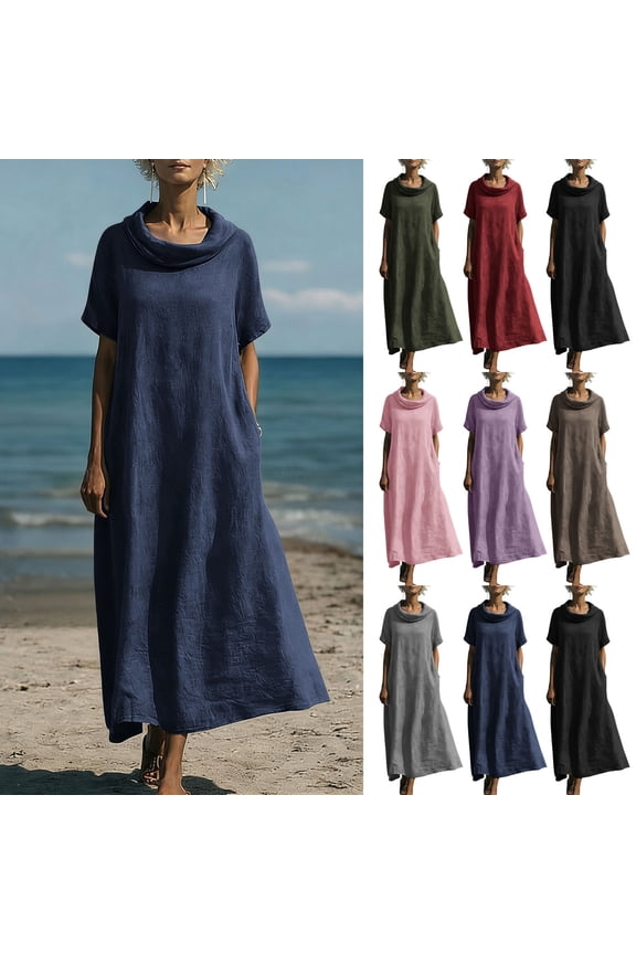Cotton Linen Dresses for Women Casual Cowl neck Short Sleeve Maxi Dresses Summer Flowy Loose Fit Versatile Boho Beach Vacation Dresses with Pockets Green M