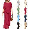 thumbnail image 1 of Zynoxe Cotton Linen Sets for Women Two Piece Round Neck Tops and Wide Leg Pants Summer Matching Sets with PocketsKhakiS, 1 of 7