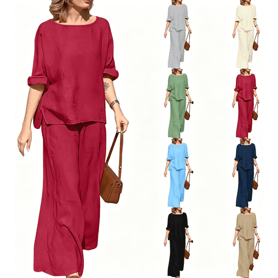 Zynoxe Cotton Linen Sets for Women Two Piece Round Neck Tops and Wide Leg Pants Summer Matching Sets with PocketsKhakiS