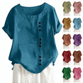 thumbnail image 1 of Zynoxe Cotton Linen Summer Tops for Women Round Neck Short Sleeve Tops Casual Loose Flowy Embroidered Boho Peasant Gauze Blouses for Women, 1 of 6