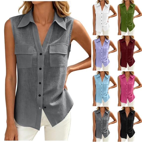 Zynoxe Cotton Linen Tops for Women Solid Color Lapel Sleeveless Button Down Tank Tops with Pockets Casual Loose Fit Ventilate Classsic Business Work Blouses Green S