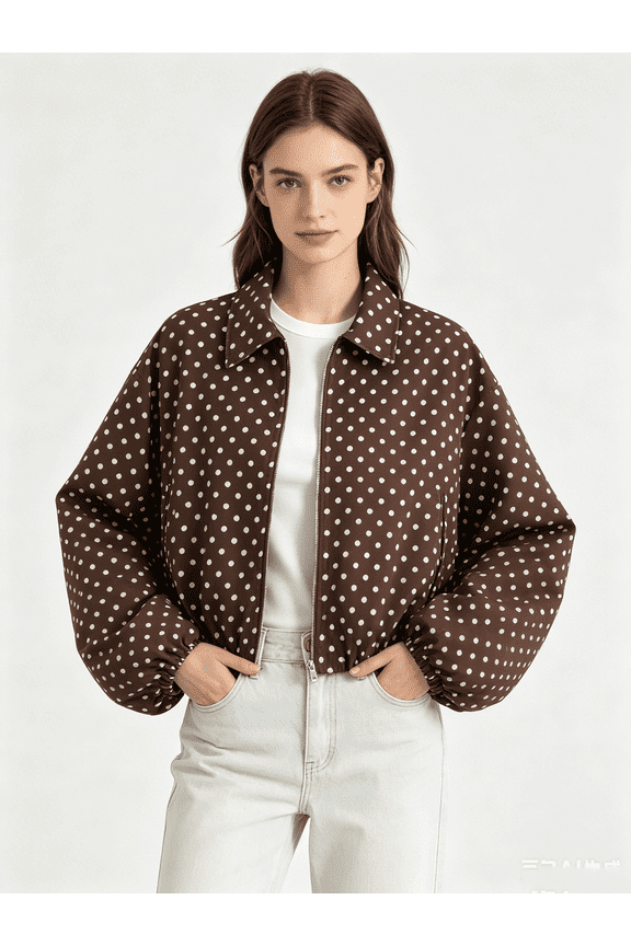 Cropped Jacket for Women Fashionable Polka Dot Print Puffed Womens Coat Classic Turn Down Collar Long Sleeve Jacket Versatile Loose Ladies Outwear Coat With Side Pockets M