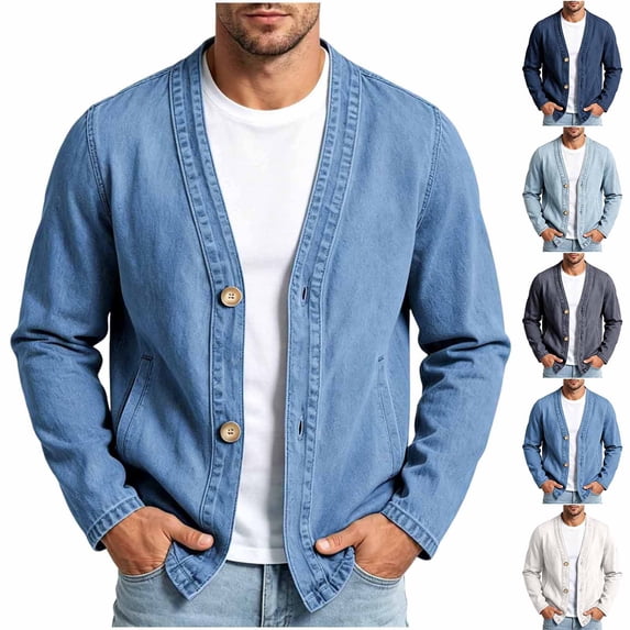 Zynoxe Denim Jacket for Men with Side Pockets Fashionable Vintage V Neck Button Up Jean Jacket Lightweight Relaxed Long Sleeve Open Front Cardigan Versatile Solid Color Casual Coat for Fall Winter L