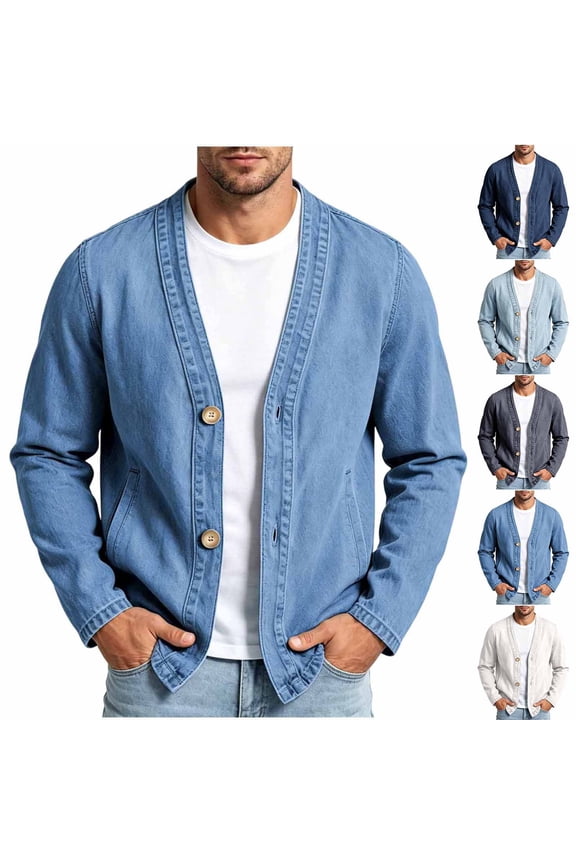 Denim Jacket for Men with Side Pockets Fashionable Vintage V Neck Button Up Jean Jacket Lightweight Relaxed Long Sleeve Open Front Cardigan Versatile Solid Color Casual Coat for Fall Winter S