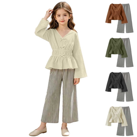Zynoxe Girls 2-Piece Outfit Set Casual V Neck Elastic Waist Peplum Hem Tops and Striped Wide Leg Pants Lounge Sets Cute Loose Fit Soft Girls Clothes Black 9 Years