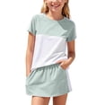thumbnail image 1 of Zynoxe Girls Athletic Sets Outdoor Color Block Round Neck Short Sleeve and Elastic Waist Skirt Summer Outfits Soft Lightweight Sports Two Piece Sets Green 0 Years, 1 of 9
