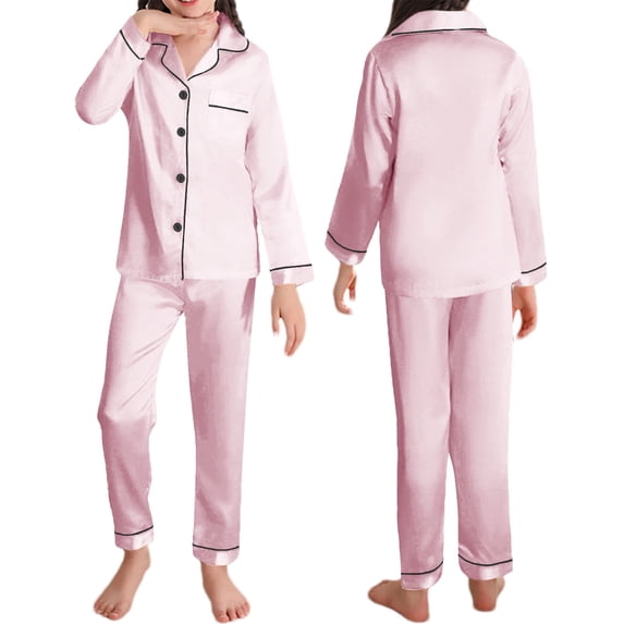 Zynoxe Girls Boys Pajama Sets 2 Piece Satin Solid Color Long Sleeve Button down Collar Top with Long Pants Loungewear Sets Contrast Trim Soft Smooth Lounge Sets for 2-12 Years Home Daily Wear