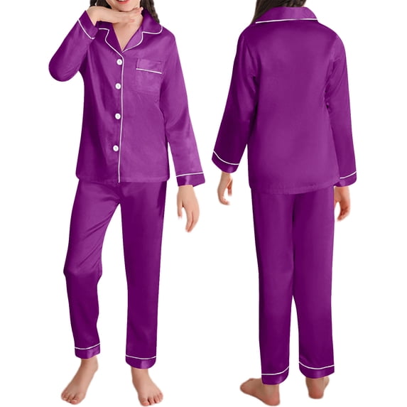 Zynoxe Girls Boys Pajama Sets 2 Piece Satin Solid Color Long Sleeve Button down Collar Top with Long Pants Loungewear Sets Contrast Trim Soft Smooth Lounge Sets for 2-12 Years Home Daily Wear