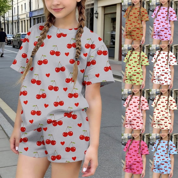 Zynoxe Girls Two Piece Sets Fashion Printed Short Sleeve T-shirts and Elastic Waist Shorts Sets Summer Flowy Loose Fit Ventilate Lounge Sets Green4 4-5 Years