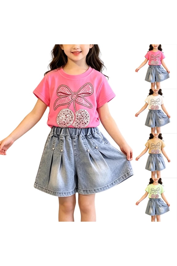 Girls Two Piece Sets Fashion Sparkly Bow Sequin T-Shirts and Elastic Waist Denim Skirt Outfits Casual Cute Loose Fit Summer Clothing Sets White 0-1Years