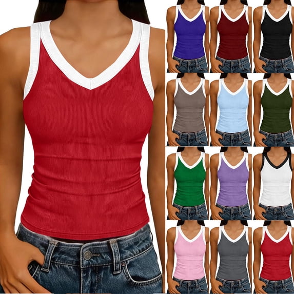 Zynoxe Halter Tops for Women 2026 Fashion Contrast Trim Ribbed Knit Sleeveless Camisole Tops for Women Round Neck Fitted Slim Fit Low Back Camisole for Daily Layering