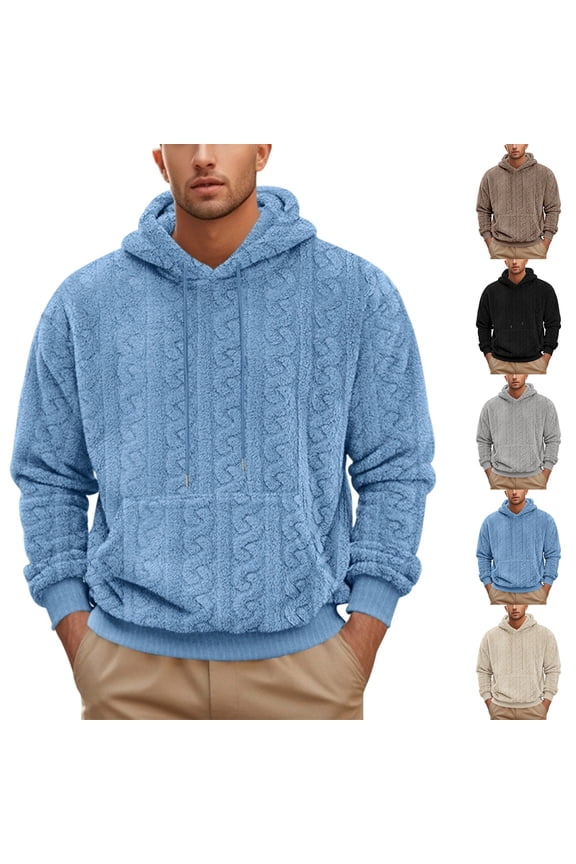 Hooded Sweatshirt for Men Relaxed Casual Long Sleeve Drawstring Hoodies Warmth Double-Sided Jacquard Fleece Pullover Hoodies Versatile Solid Color Winter Sweatshirt with Pockets 3XL