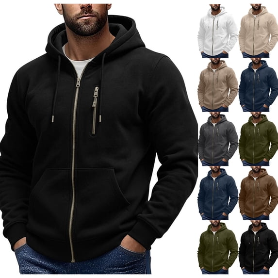 Zynoxe Hoodies for Men with Multi Pockets Stylish Zip Up Drawstring Hooded Jacket Comfy Elastic Cuffs Long Sleeve Casual Jacket Solid Color Fall Winter Outerwear
