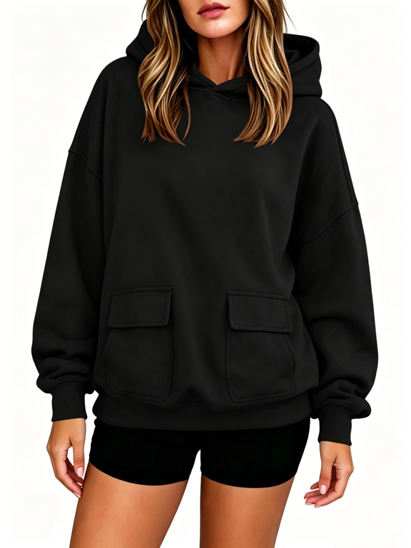 Hoodies for Women with Double Front Pockets Fall Fashion Solid Color Womens Long Sleeve Tops Comfy Loose Pullover Hooded Sweatshirt for Daily Wear S