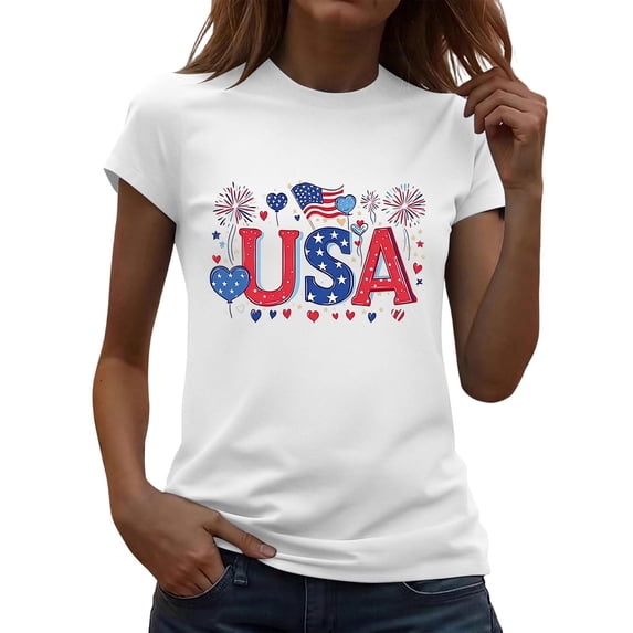 Zynoxe Independence Day T Shirts for Women Fashionable Round Neck Graphic Tees Patriotic Short Sleeve Going Out Summer Tops (#01 White,2XL)