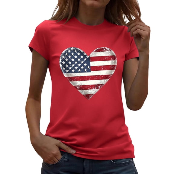 Zynoxe Independence Day T Shirts for Women Fashionable Round Neck Graphic Tees Patriotic Short Sleeve Going Out Summer Tops (#03 Red,L)
