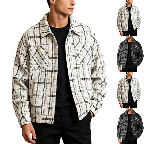 Zynoxe Jackets for Men with Chest Pockets Classic Lapel Collar Snap Button Down Jacket Fashion Plaid Tweed Style Trucker Jacket Lightweight Oversized Long Sleeve Casual Coat 3XL