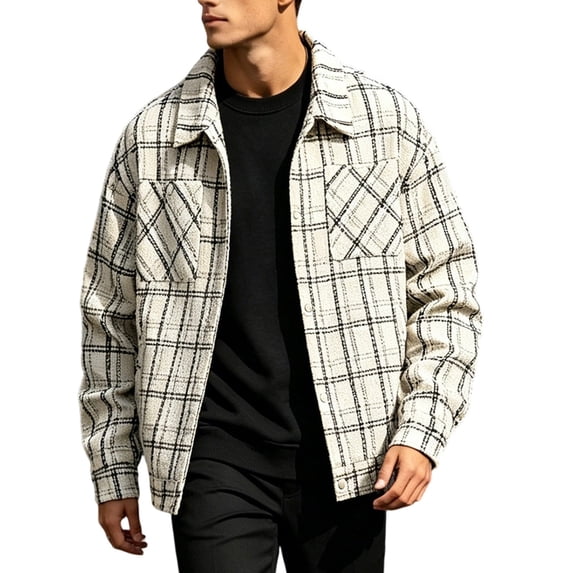 Zynoxe Jackets for Men with Chest Pockets Classic Lapel Collar Snap Button Down Jacket Fashion Plaid Tweed Style Trucker Jacket Lightweight Oversized Long Sleeve Casual Coat M