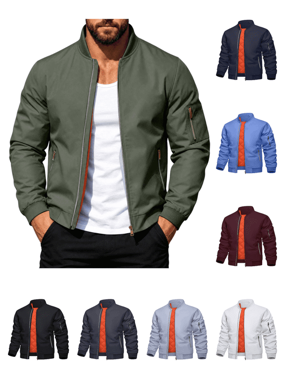 Jackets for Men with Zipper Pockets & Ribbed Hem Cuffs Classic Stand Collar Zip Up Bomber Jacket Contrast Inner Cotton Padded Jackets Solid Color Long Sleeve Outer Coa White S