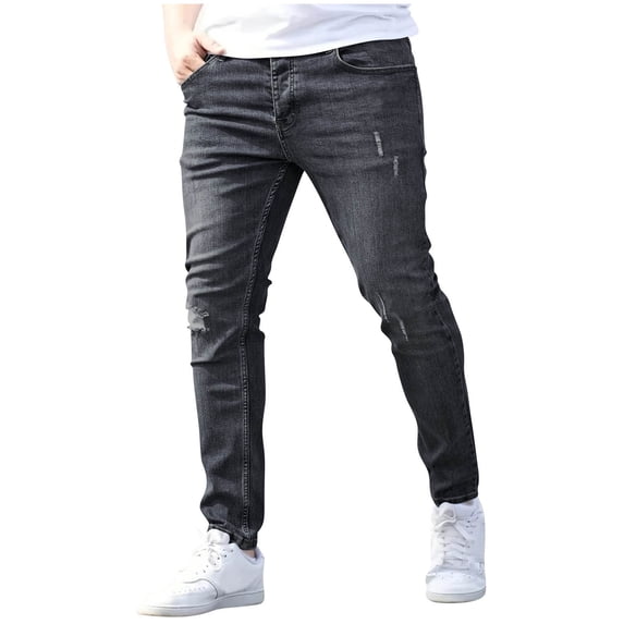 Zynoxe Jeans for Men Casual Stretchy Slim Tapered Leg Washed Denim Pants for Daily Wear Vintage Streetwear Lounge Denim Trousers with Pockets Black S