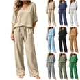 thumbnail image 1 of Zynoxe Linen Sets for Women Two Piece Summer Ruched V-neck Top Wide Leg Pants with Pockets Fashion Lounge Vacation Beach OutfitsNavyL, 1 of 7