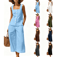 thumbnail image 1 of Zynoxe Linen Sets for Women Two Piece Summer Square Neck Button Top Wide Leg Pants Matching Sets Business Casual Outfits for WomenBlackXL, 1 of 7
