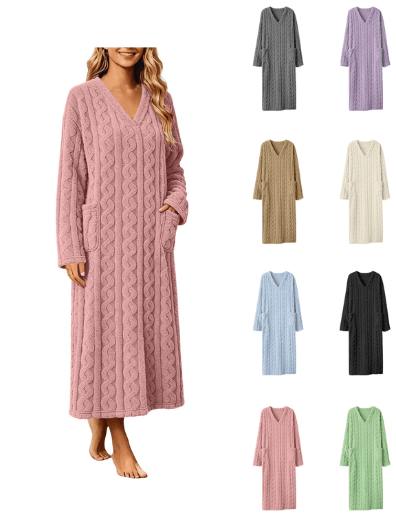 Long Robes for Women with Pockets Fashion V Neck Long Sleeve Bathrobe Comfy Double-Sided Fleece Jacquard Nightgown Robe Loose Solid Color Ankle Length Loungewear Robe XL