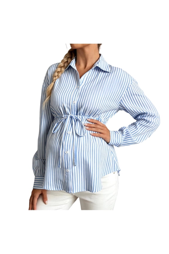 Maternity Blouse Classic Striped Button down Shirts Turn down Collar Long Sleeve Drawstring Waist Mid Length Maternity Tops for Pregnancy Work Daily Wear