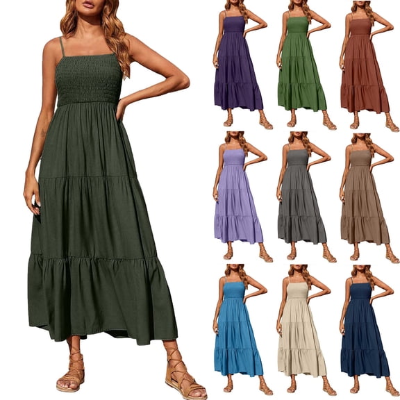 Zynoxe Maxi Dresses for Women Summer Spaghetti Strap Empire Waist Tiered Ruffle Hem Beach Vacation Dresses Flowy Lightweight Relaxed Boho Dresses Blue 2XL