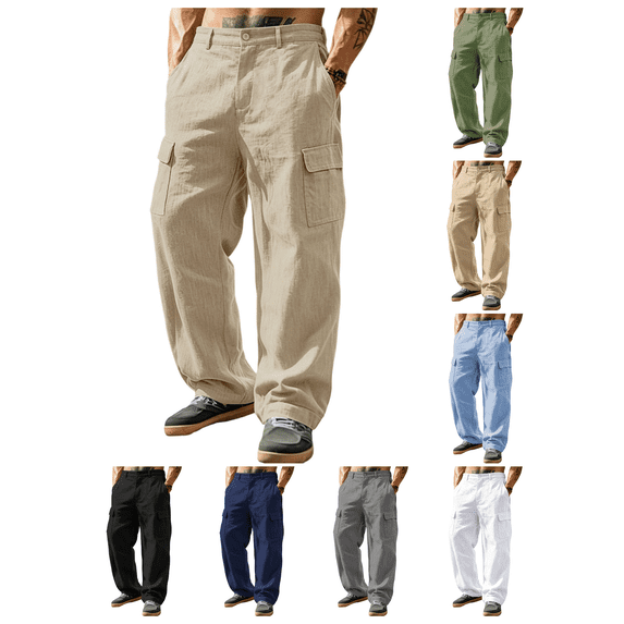 Zynoxe Men's Cargo Pants with Side Pockets Lightweight Cotton Linen Pants for Men Classic Button Zipper Closure Work Pants Fashionable Solid Color Casual Trousers