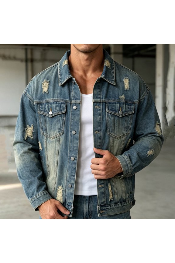 Men's Denim Jacket with Pockets Classic Lapel Collar Button Down Jean Jacket Oversized Long Sleeve Distressed Ripped Jacket Stylish Solid Color Streetwear Workwear Jacket for Men M