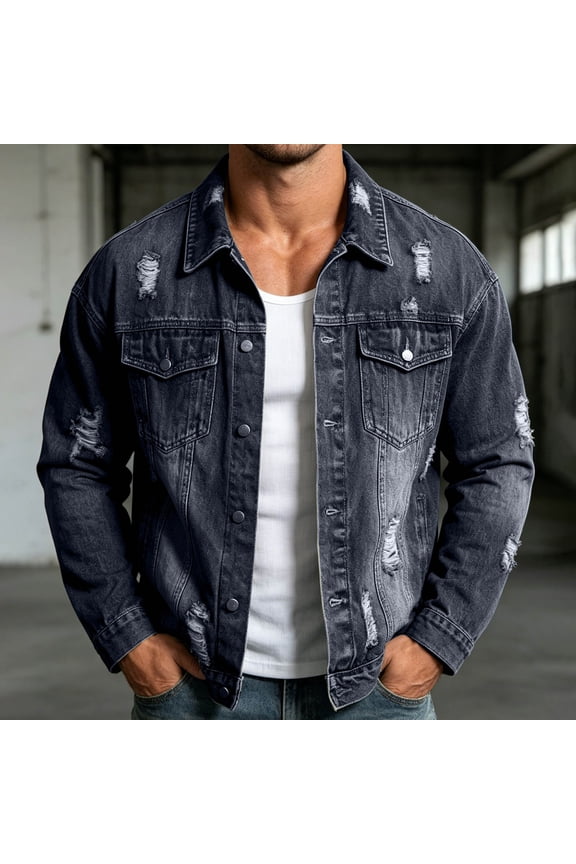 Men's Denim Jacket with Pockets Classic Lapel Collar Button Down Jean Jacket Oversized Long Sleeve Distressed Ripped Jacket Stylish Solid Color Streetwear Workwear Jacket for Men L