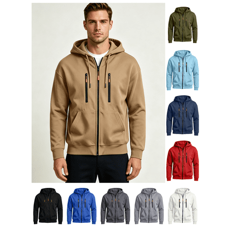 Zynoxe Men's Hooded Sweatshirt with Multi Pockets & Elastic Cuffs Classic Zip Up Drawstring Hoodies for Men Fashionable Solid Color Sweatshirt Jackets Casual Long Sleeve Sports Jackets Khaki S