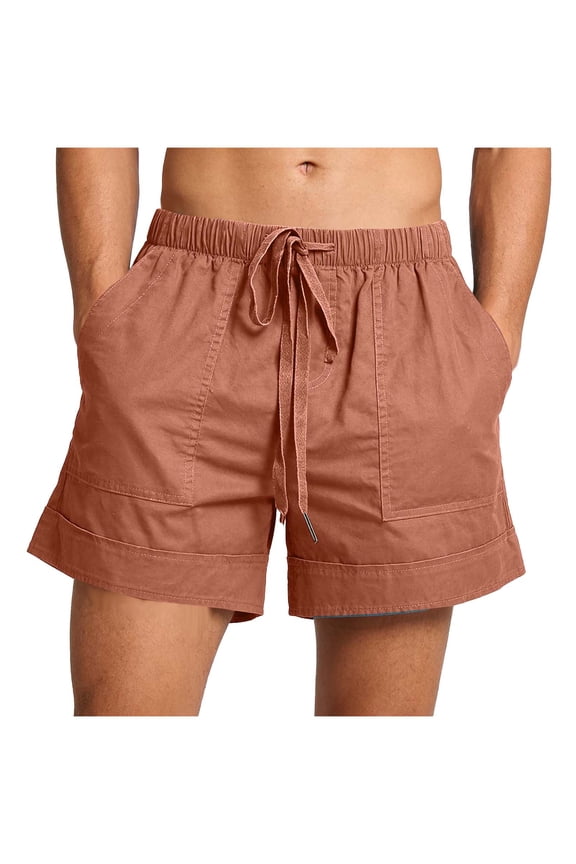 Men's Linen Shorts with Pockets Breathable Mid Thigh Length Shorts for Men Comfortable Drawstring Waist Beach Shorts Versatile Casual Solid Color Summer Shorts M