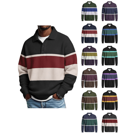 Zynoxe Men's Striped Sweatshirt with Elastic Ribbed Cuffs Classic Lapel Collar Sweatshirt for Men Loose Drop Shoulder Long Sleeve Pullover Top Fashionable Color Block Fall Sweatshirt 2XL