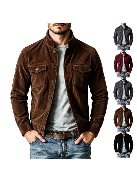 Mens Corduroy Jacket with Chest Pockets Classic Stand Collar Zip‑Up Jacket Warm Long Sleeve Casual Jackets Retro Solid Color Workwear Jacket for Men Brown L