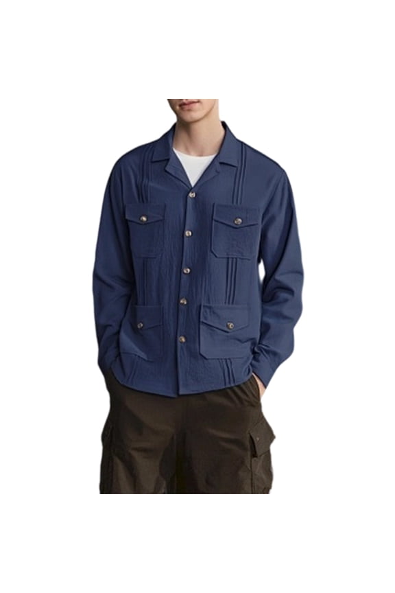 Mens Cotton Linen Shacket Lightweight Loose Lapel Button Down Long Sleeve Plus Size Outerwear Jackets with Muti Pockets Navy 3XL