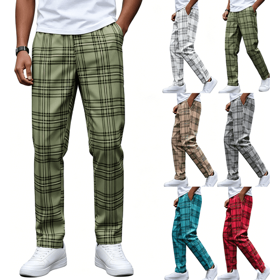 Zynoxe Mens Dress Pants Trendy Stretchy Plaid Elastic Waistband Straight Casual Trousers with Pockets Slim Fit Lounge Pants for Business Wedding Dark Gray S