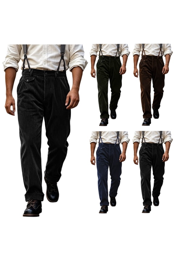 Mens Plus Size Autumn Winter Vintage Corduroy Suspender Pants Straight High Waist Business Casual Work Dress Pants with Adjustable Braces Black XL
