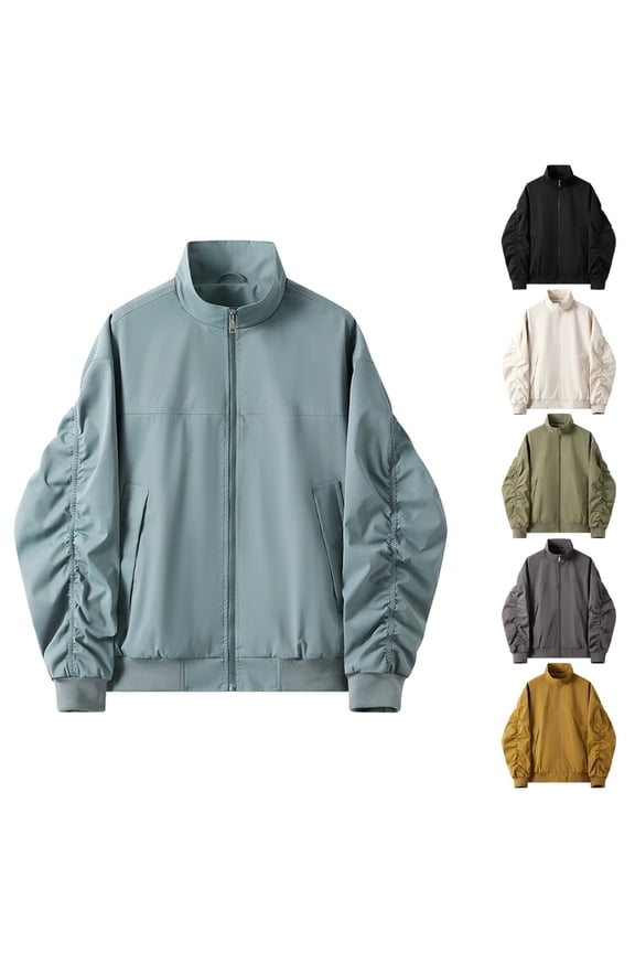 Mens Plus Size Bomber Jacket Fall Stand Collar Zipper Ruched Sleeve Mens Jacket with Pockets Trendy Solid Color Casual Outerwear Jackets Black 4XL