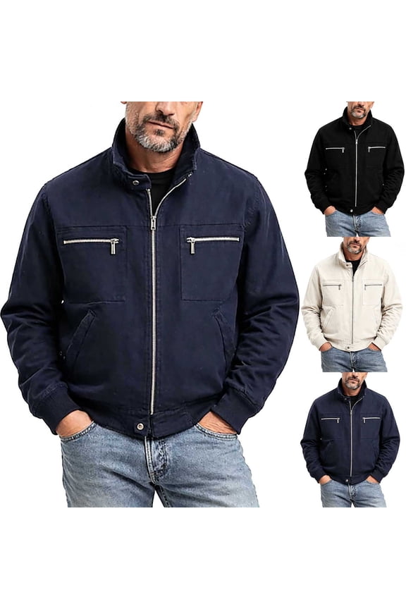 Mens Plus Size Bomber Style Coat Outdoor Stand Collar Ribbed Long Sleeve Jacket with Muti Pockets Outdoor Business Casual Jacket Beige L