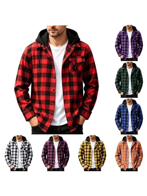 Mens Plus Size Shacket Vintage Plaid Lapel Drawstring Hooded Button Down Long Sleeve Jackets with Pockets Outdoor Patchwork Outwear Blouse Coat Yellow M