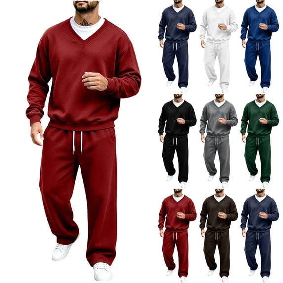 Zynoxe Mens Plus Size Tracksuit Sets Sports Solid Color V-neck Long Sleeve Sweatshirts Drawstring Wide Leg Pants Sweatsuit Sets with Pockets