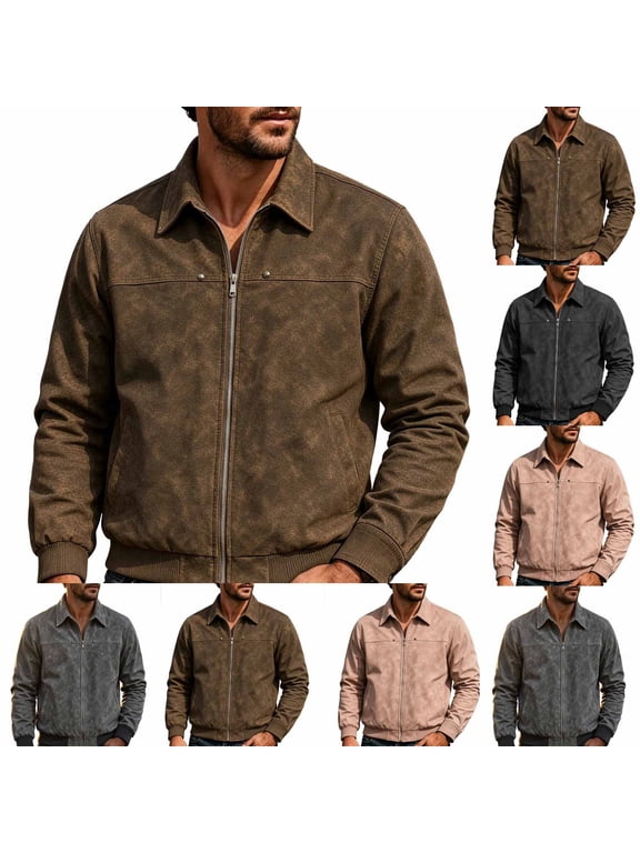 Mens Plus Size Trucker Jacket Outdoor Vintage Washed Collared Full‑zip Long Sleeve Bomber Coat Sturdy Durable Soft Outer Shell Workwear Jacket