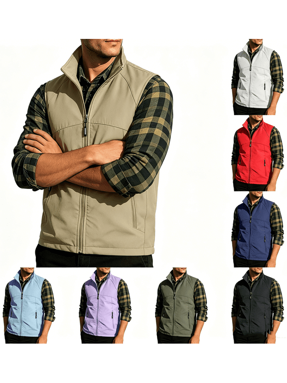Mens Plus Size Vest Outerwear Stand Collar Zip Up Sleeveless Jacket with Pockets Casual Sports Hiking Golf Vests for Men Khaki 3XL