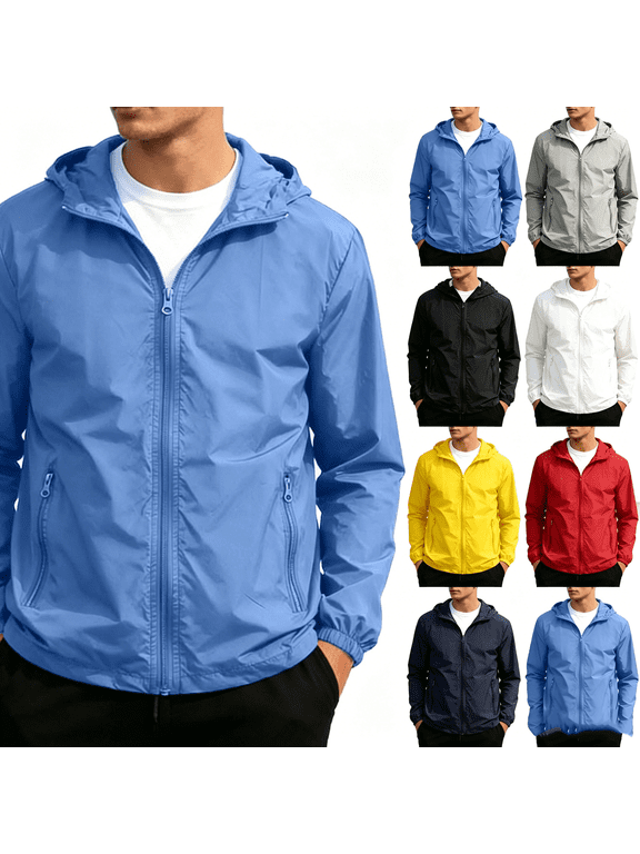 Mens Rain Jackets Lightweight Waterproof Full-Zip Long Sleeve Raincoat with Pockets Outdoor Hooded Windbreaker for Hiking Cycling Sports Black XL