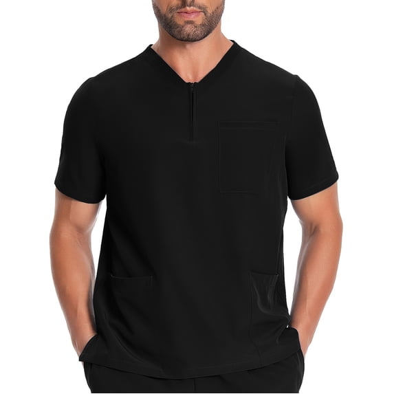 Zynoxe Mens Scrub Tops with Pockets Solid Color Zipper Scrubs Top Short Sleeve V Neck Workwear Scrub (Black,XL)